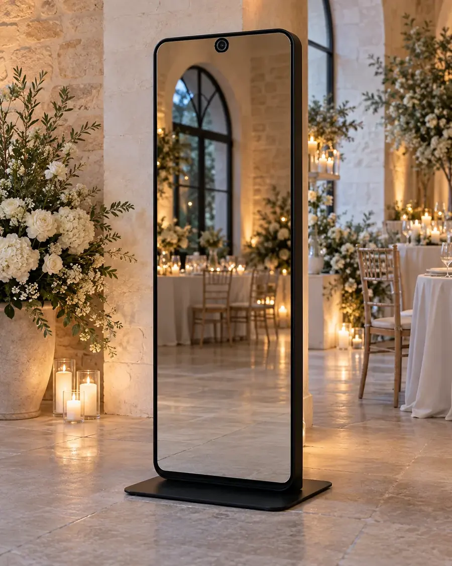 Mise en ambiance d’un photobooth miroir lors d’une réception